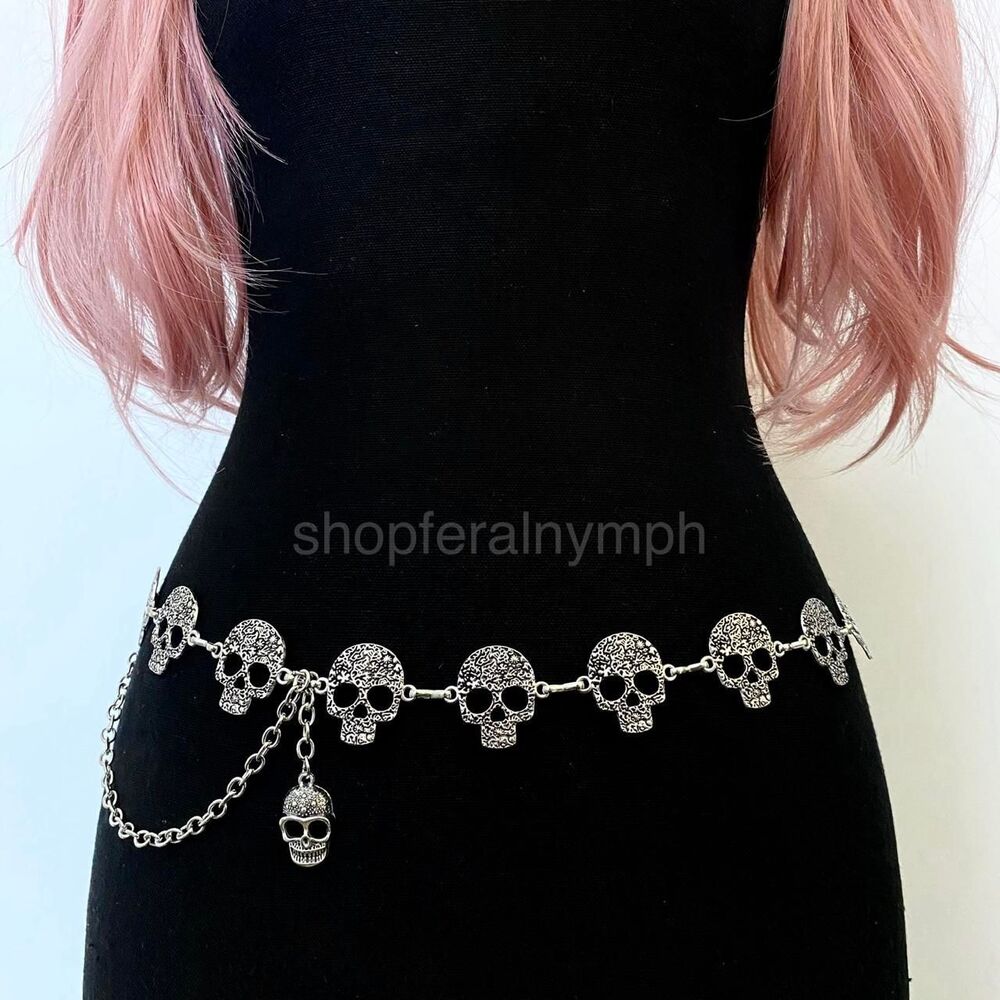 Silver Y2K Gothic Skull Link Waist Chain Belt, Fits 16 to 40 Inches, X7GA1375